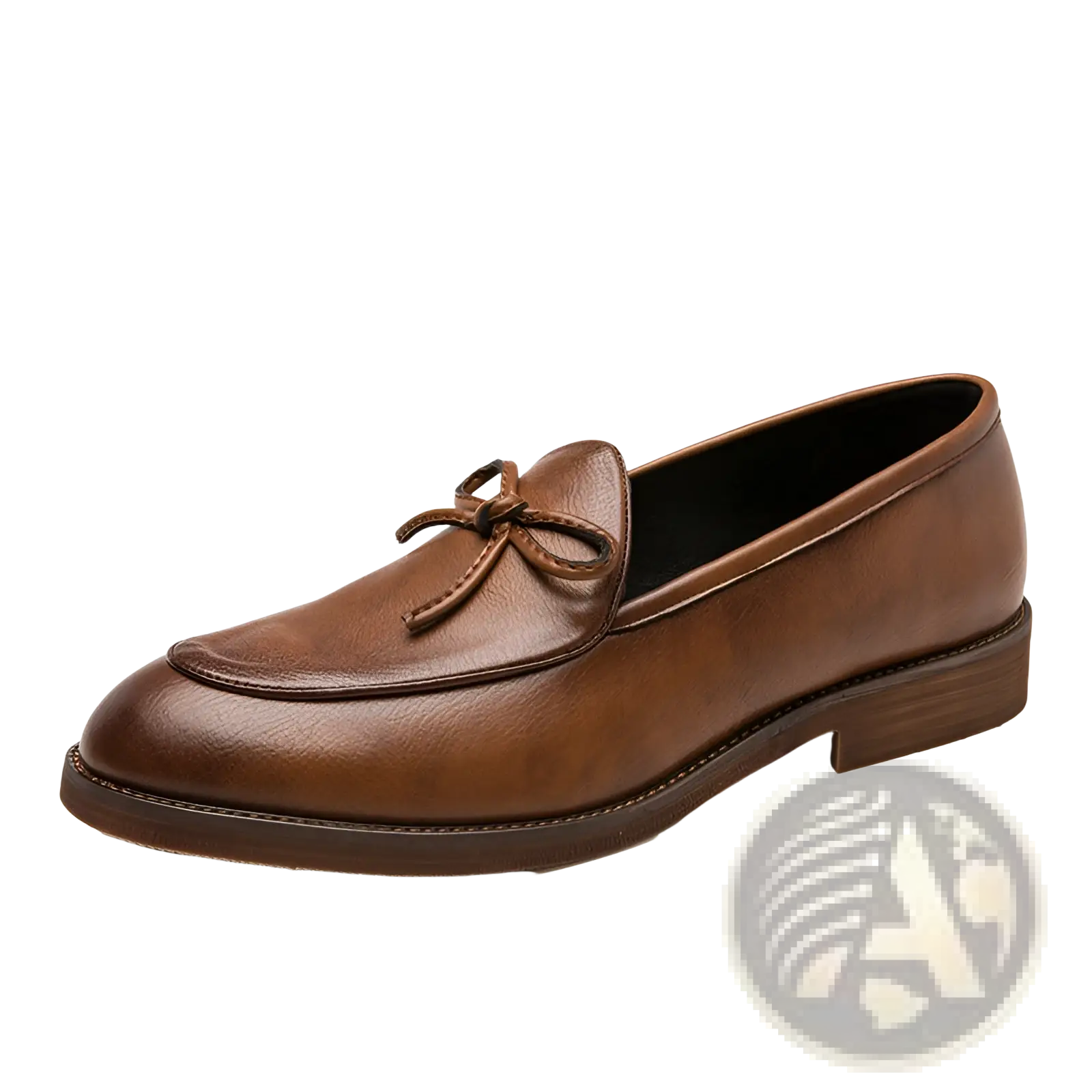 Men’s brogue tassel leather loafers in brown featuring decorative bow on front with rubber sole