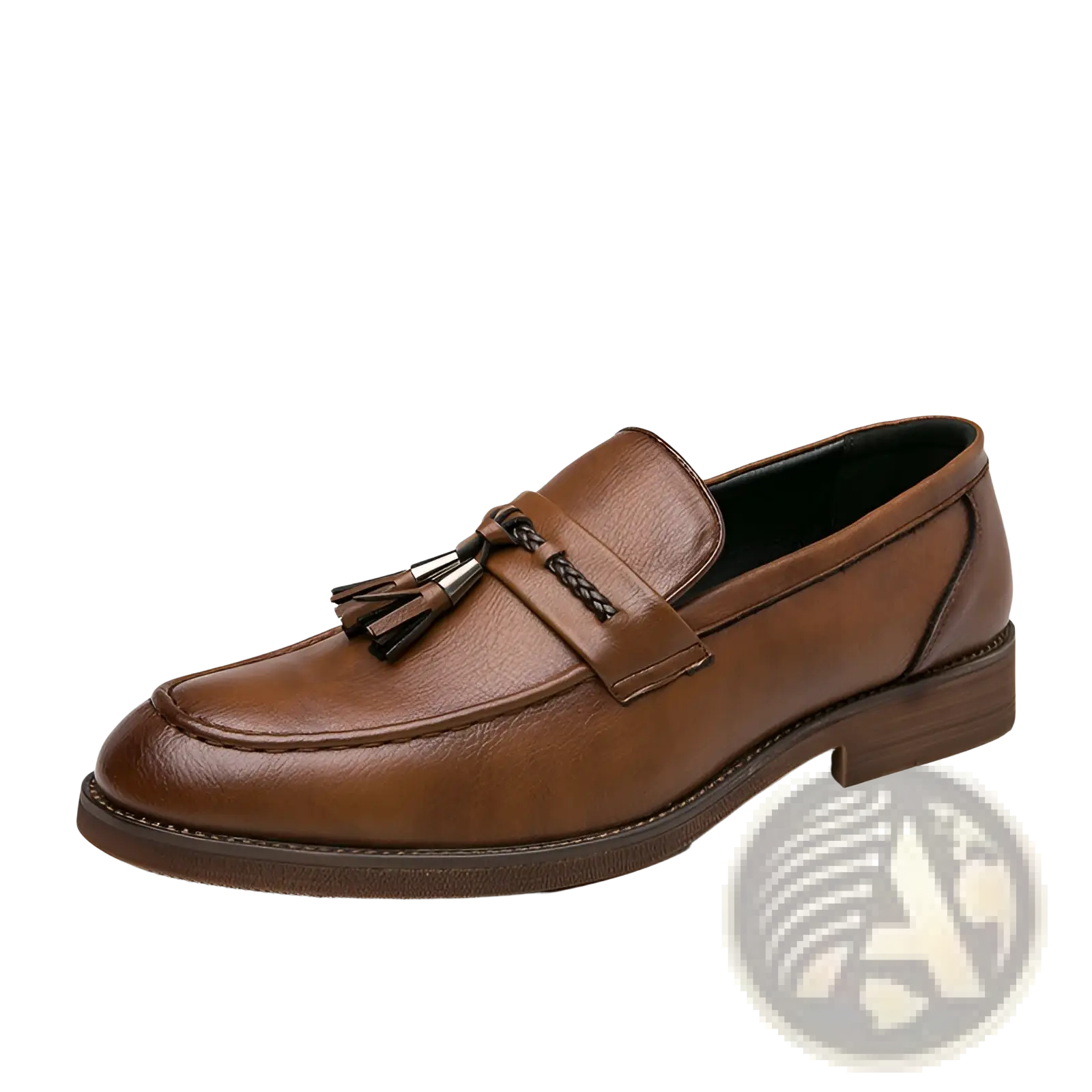 Men’s brogue tassel leather loafer in brown with braided detail and dark brown rubber sole shown from the back side