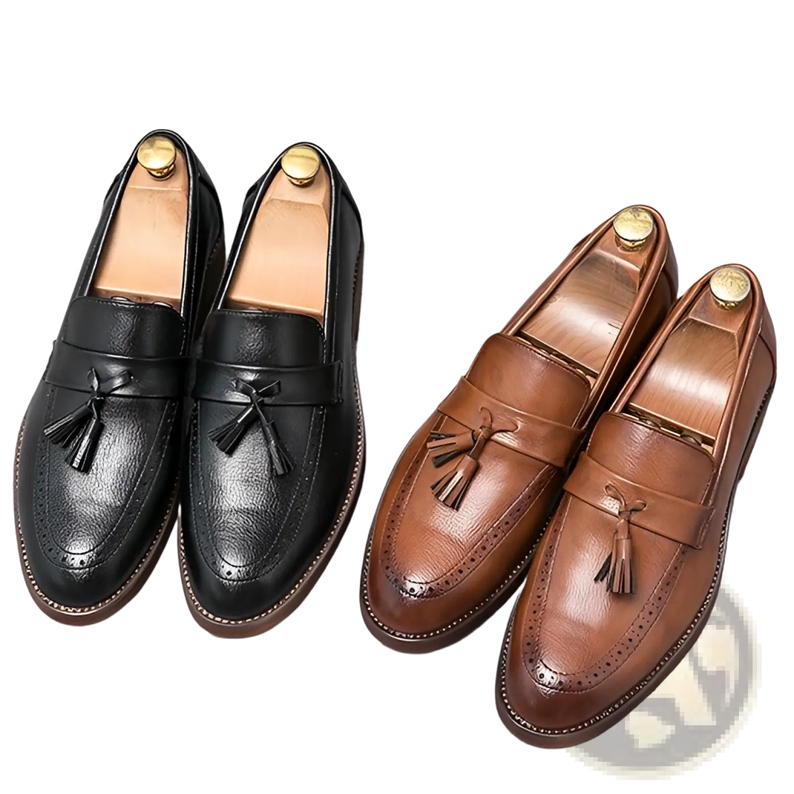 Men’s brogue tassel leather loafers in black and brown with rubber sole featuring detailed brogue accents