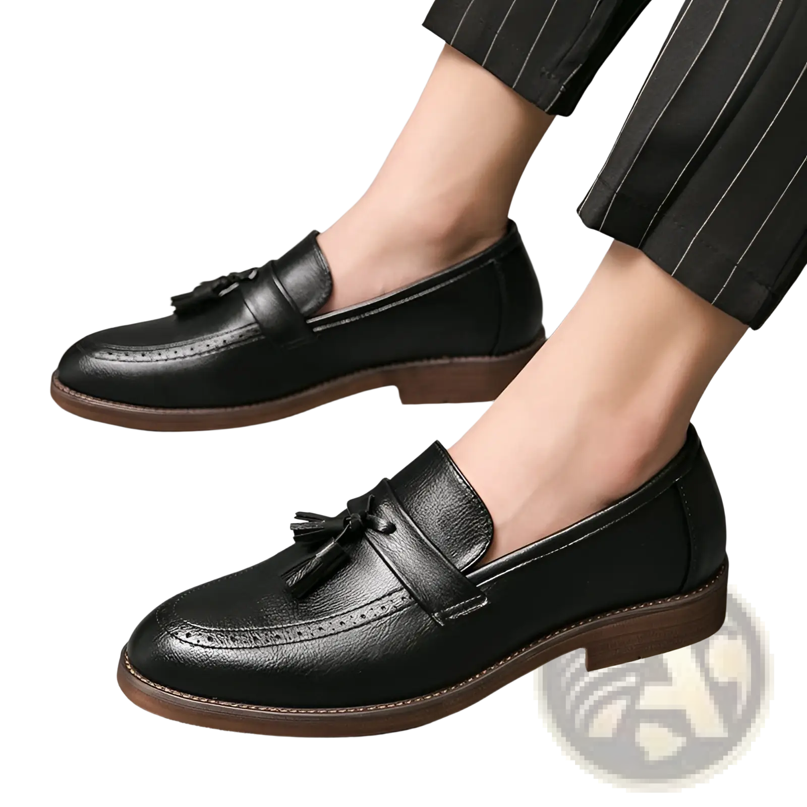 Men’s black leather brogue tassel loafers with brown rubber soles featuring detailed brogue accents