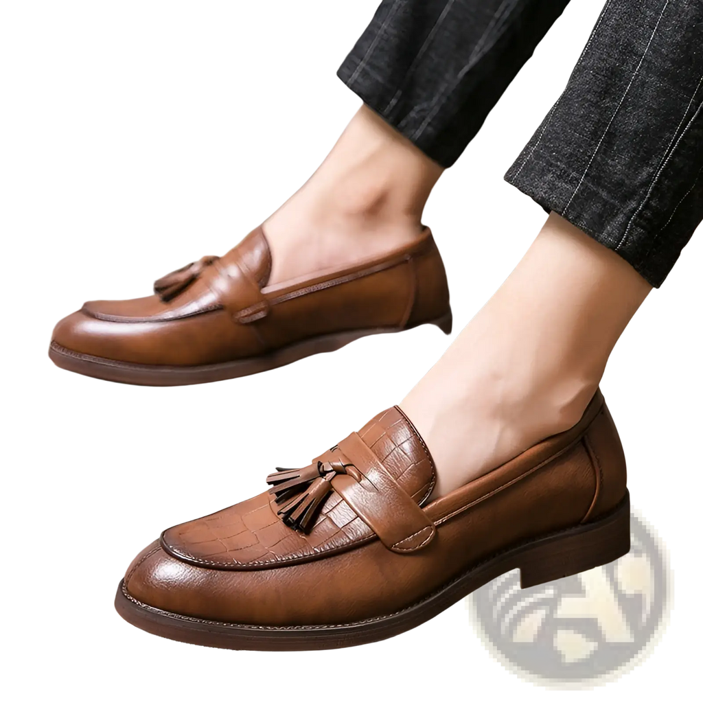 Brown leather men’s brogue tassel loafers with crocodile texture and durable rubber sole for formal wear