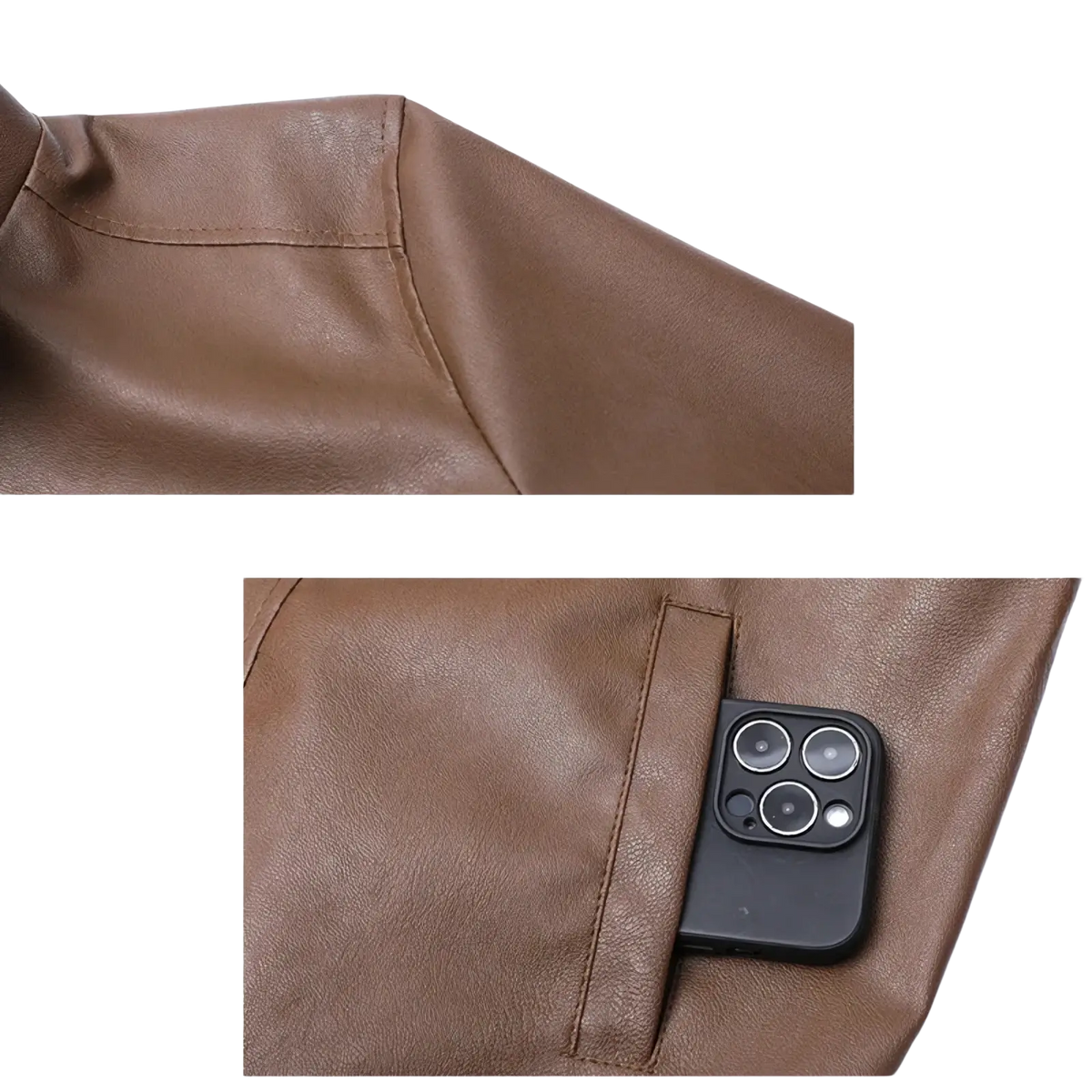 Men’s brown faux leather bomber jacket with subtle texture and stitched seams for stylish outerwear