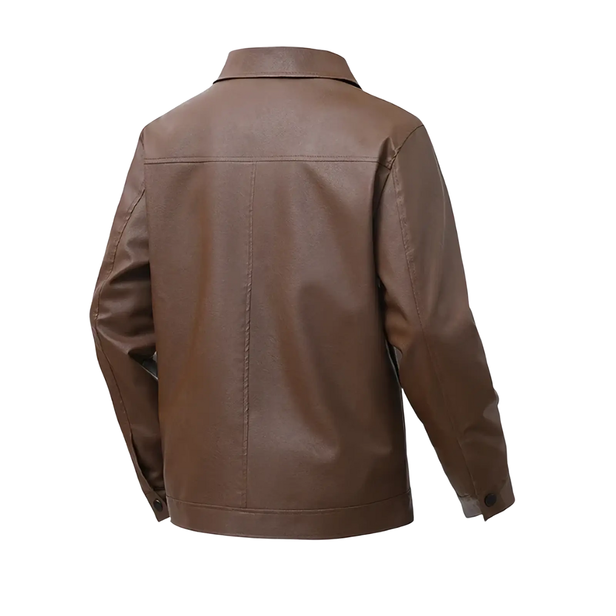 Men’s brown faux leather bomber jacket with classic collar and detailed seams made from high-quality faux leather