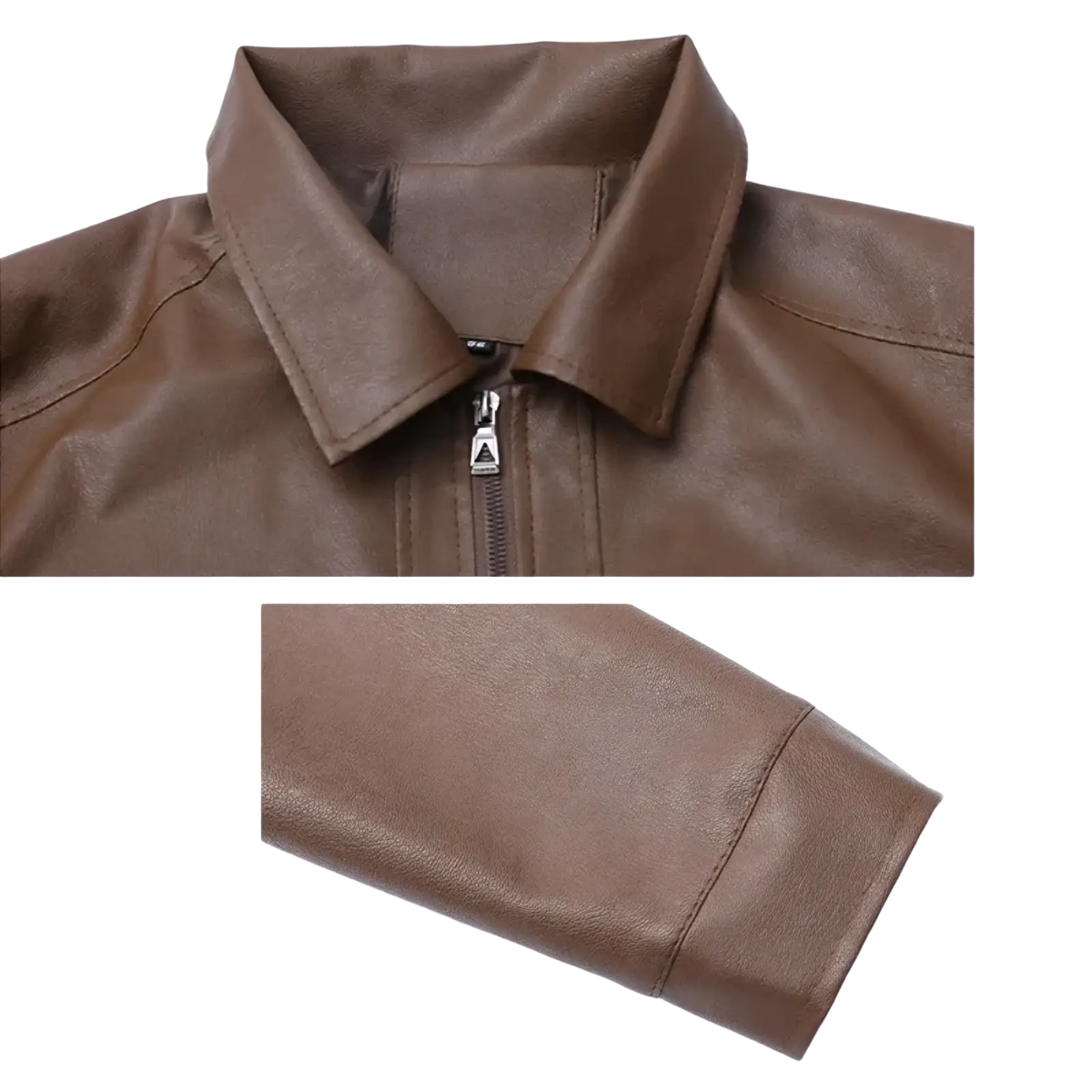 Men’s brown faux leather bomber jacket with classic collar and zipper closure displayed front side
