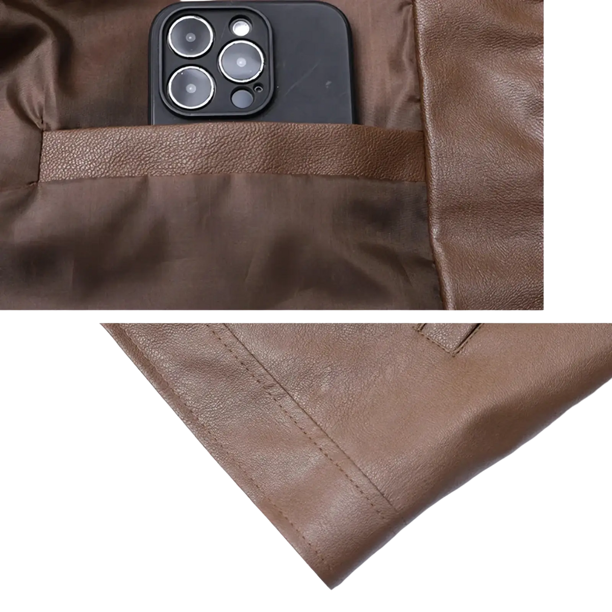 Men’s brown faux leather bomber jacket with a pocket holding a partially visible black smartphone