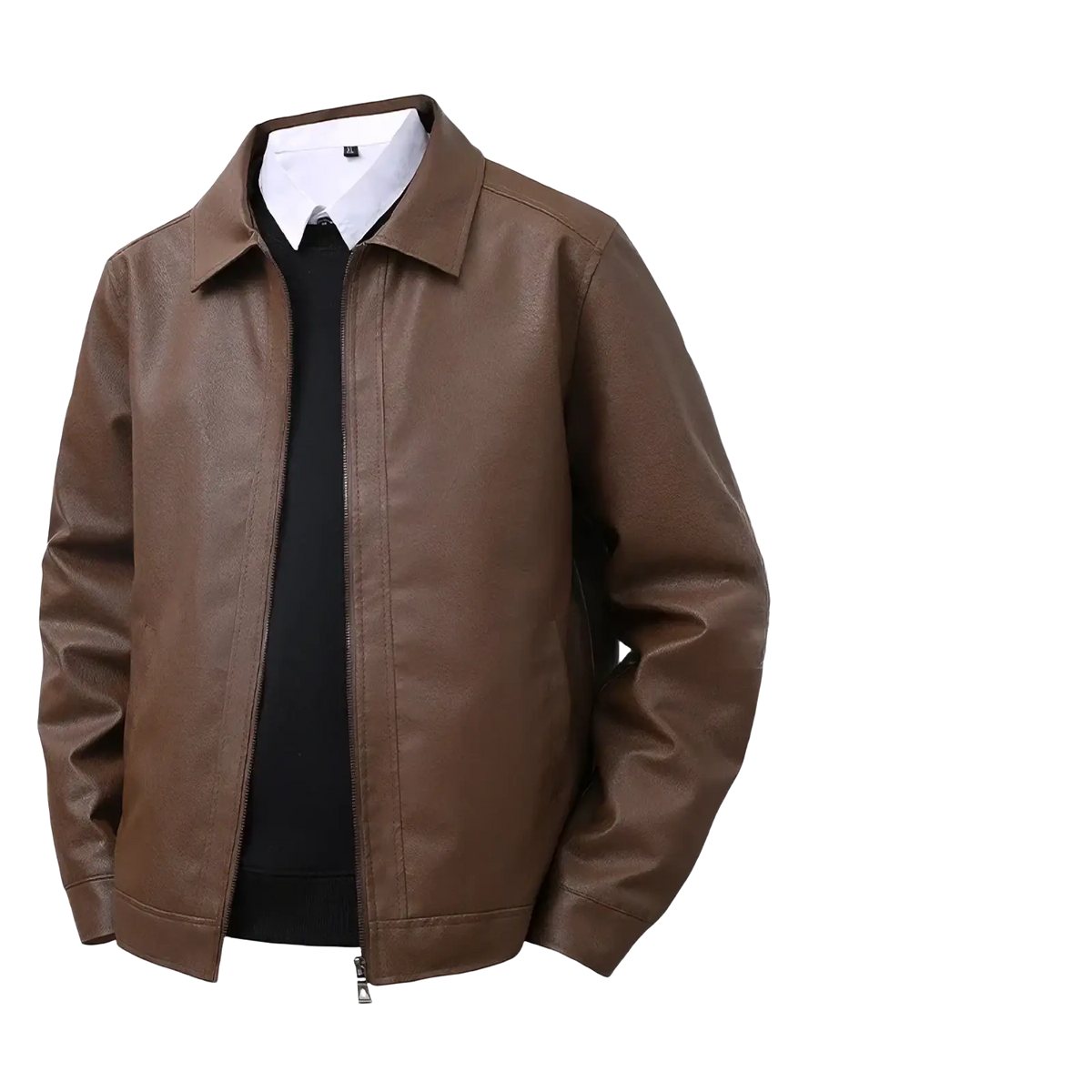 Men’s brown faux leather bomber jacket with classic collar and front zipper for stylish casual wear