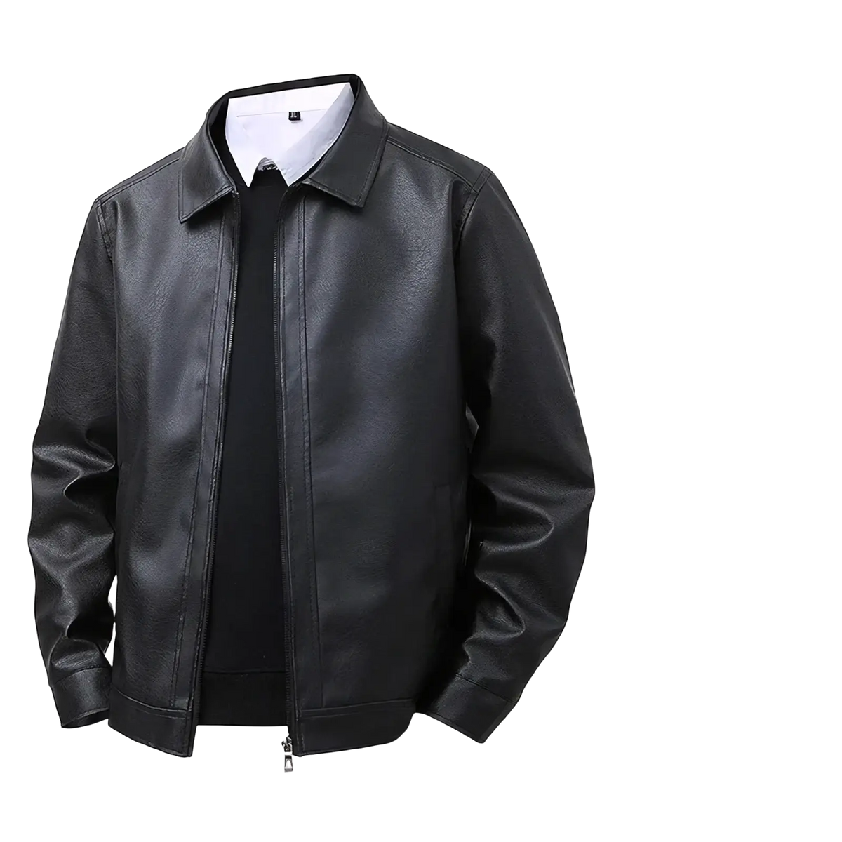 Men’s brown faux leather bomber jacket featuring a classic collar and front zipper in black faux leather shown
