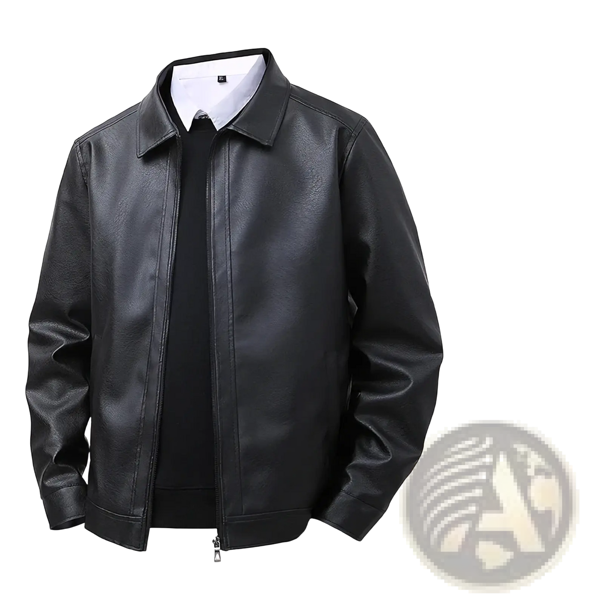 Men’s brown faux leather bomber jacket featuring black faux leather material with classic collar and front zipper