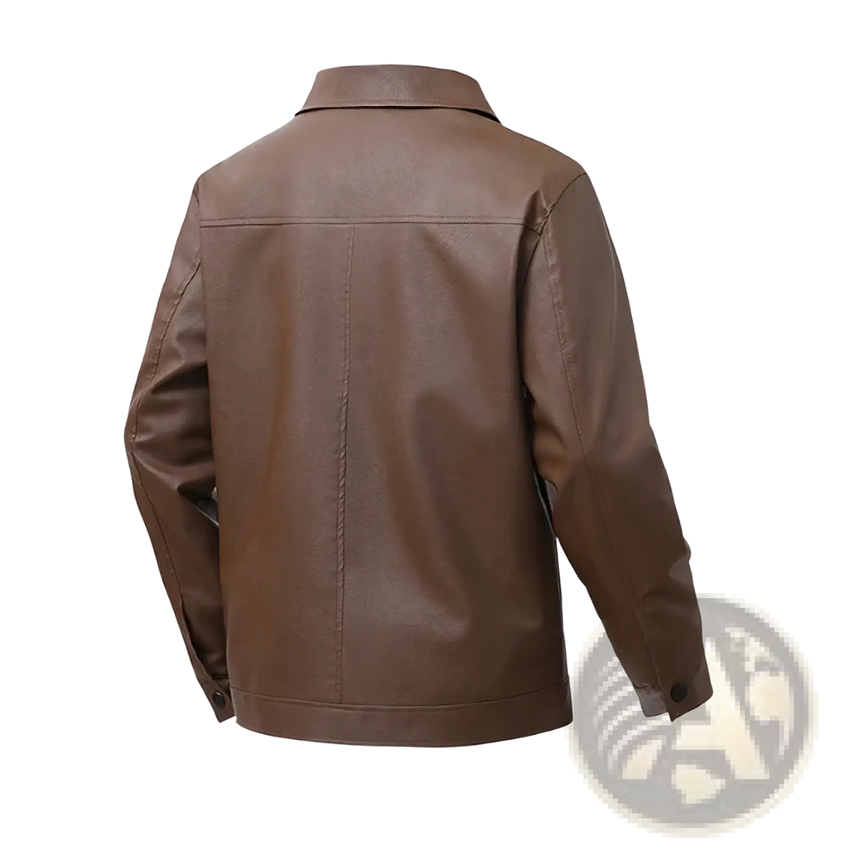 Men’s brown faux leather bomber jacket with classic collar and detailed seams made from high-quality faux leather