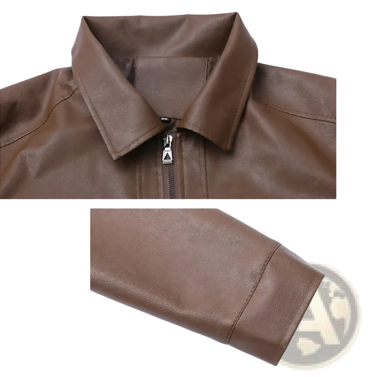 Men’s brown faux leather bomber jacket with classic collar and zipper closure displayed front side