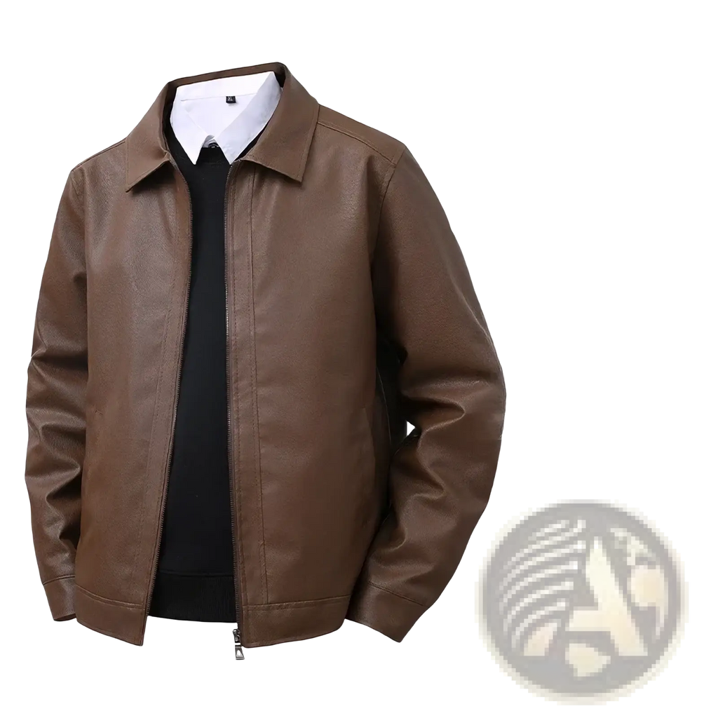 Men’s brown faux leather bomber jacket with classic collar and front zipper for stylish casual wear