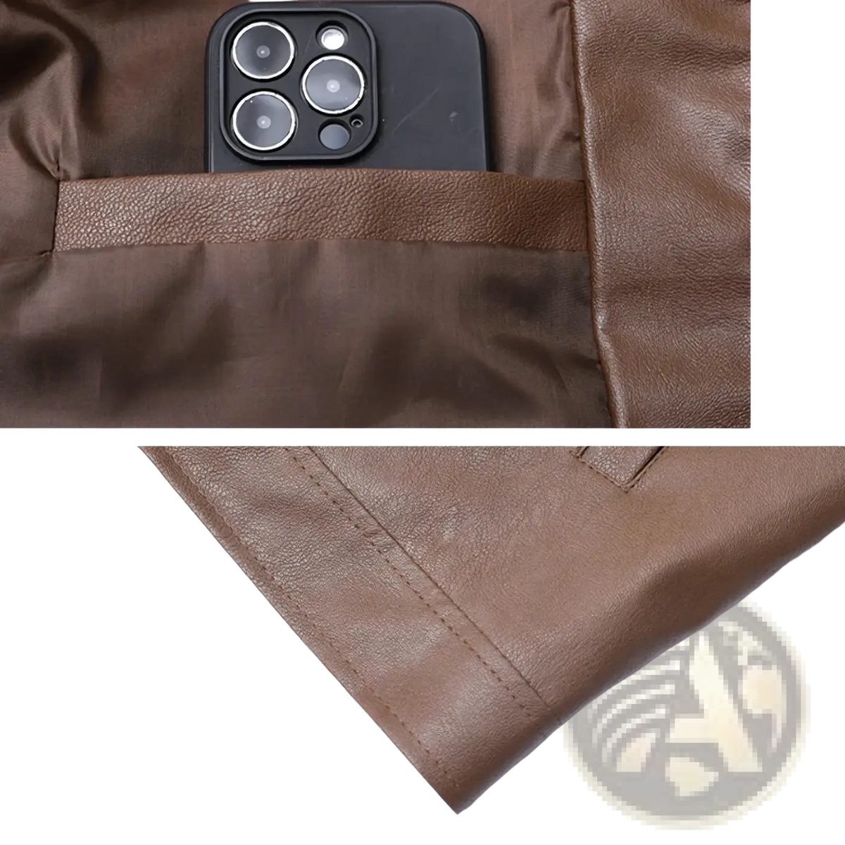 Men’s brown faux leather bomber jacket with a pocket holding a partially visible black smartphone
