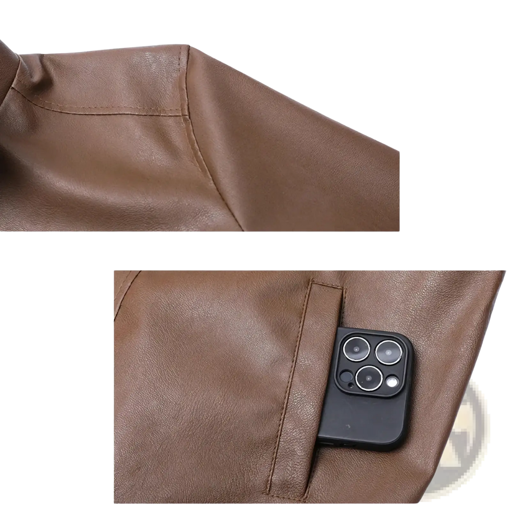 Men’s brown faux leather bomber jacket with subtle texture and stitched seams for stylish outerwear