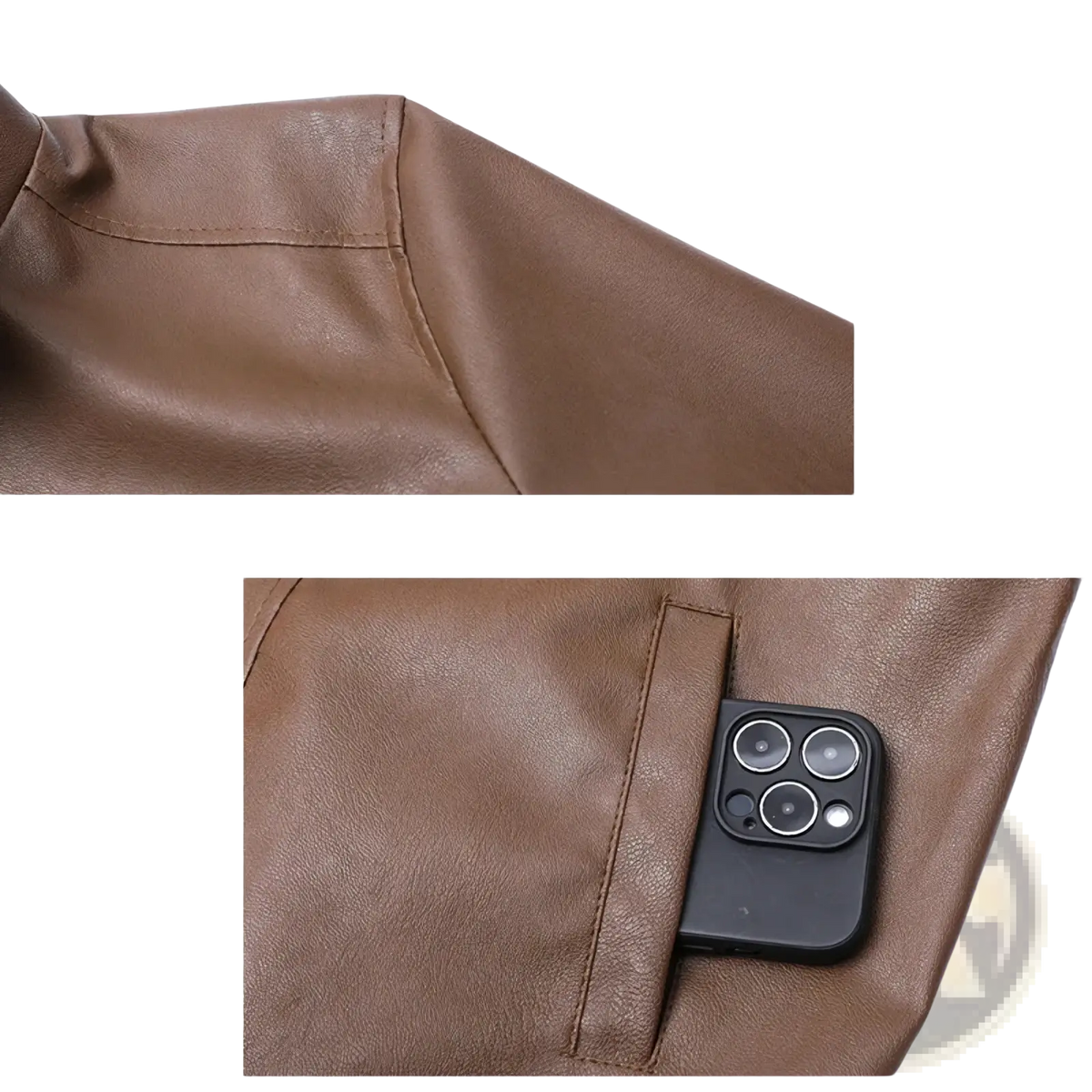 Men’s brown faux leather bomber jacket with subtle texture and stitched seams for stylish outerwear