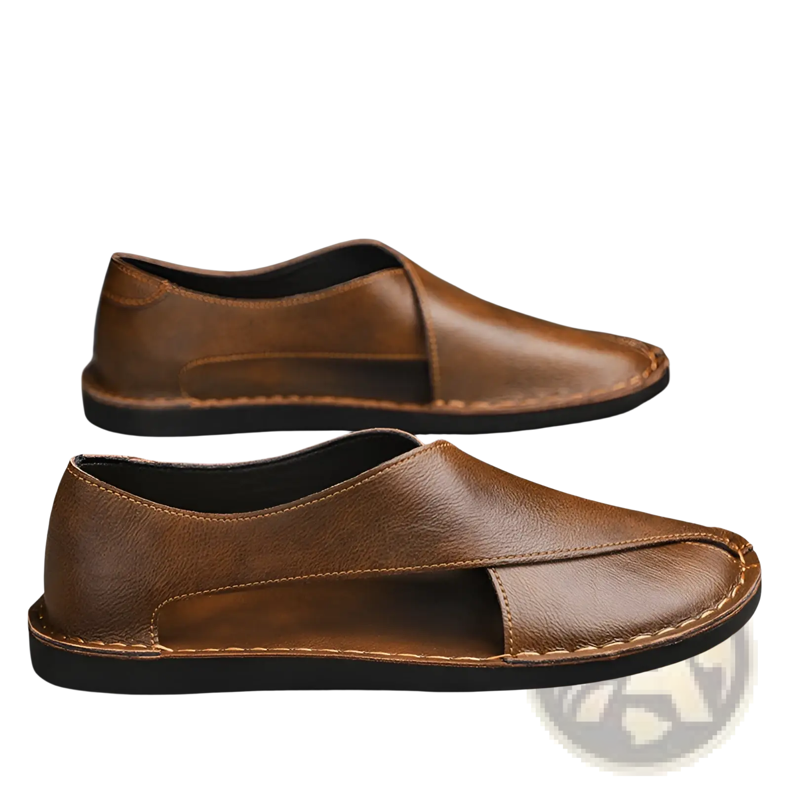 Men’s brown genuine leather slip-on beach sandals with minimalist design and visible stitching along the edges