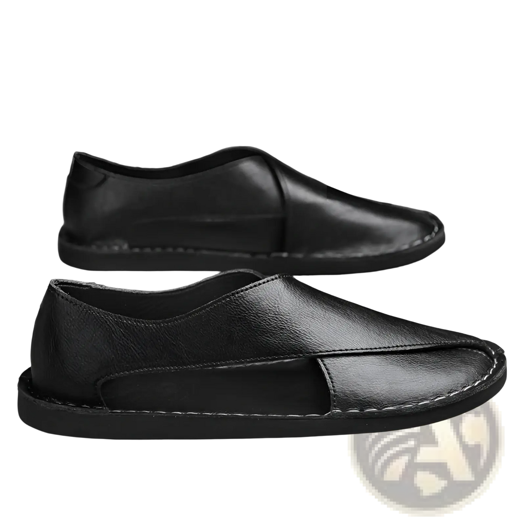 Men’s black genuine leather slip-on shoes with minimalist design and white stitching along the edges