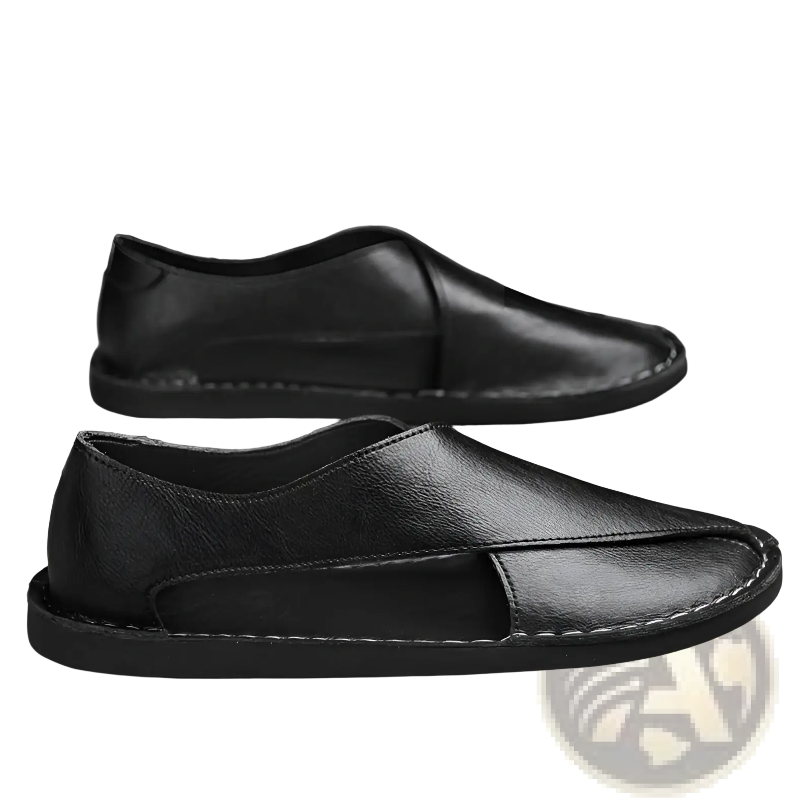 Men’s black genuine leather slip-on shoes with minimalist design and white stitching along the edges