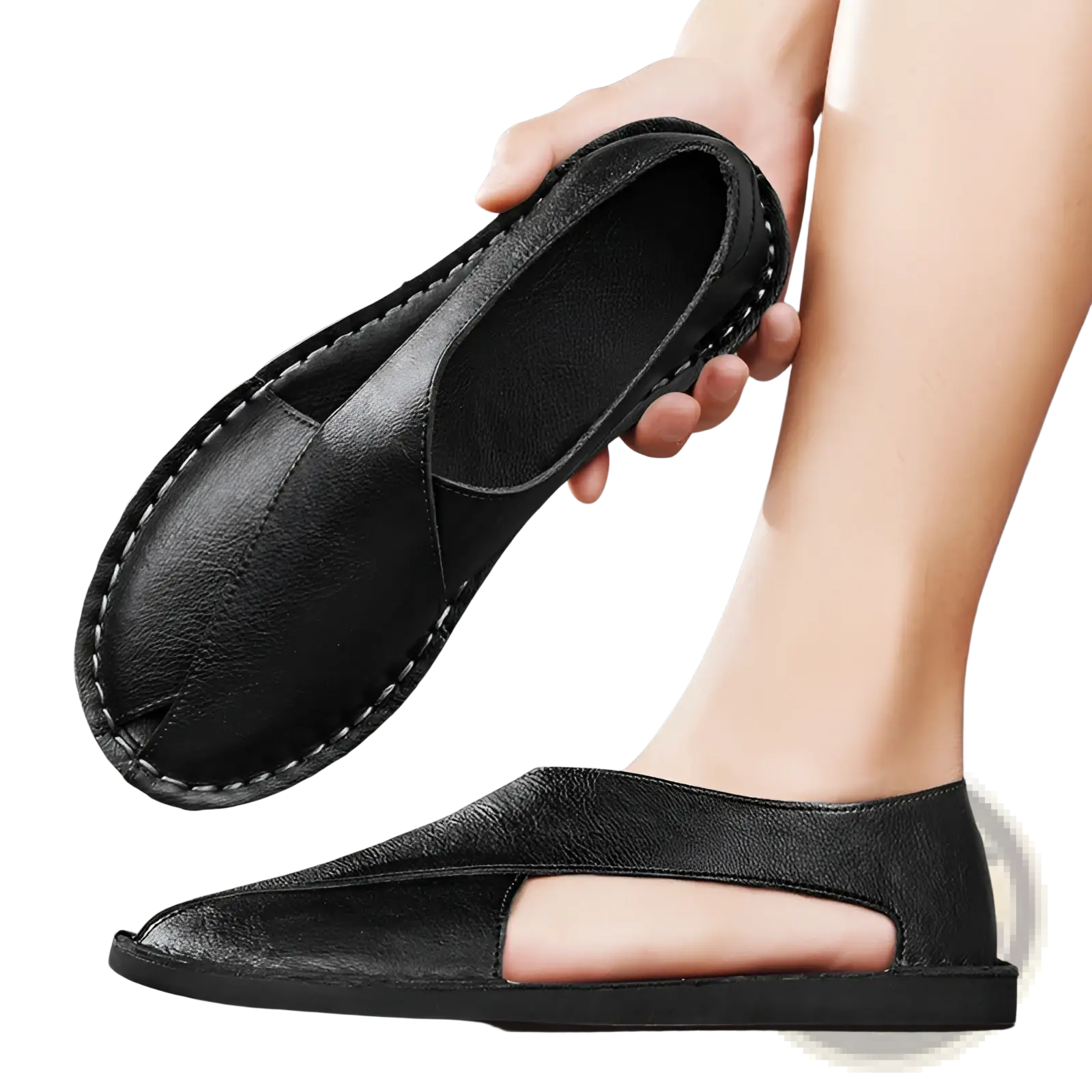 Men’s brown genuine leather slip on beach sandals featuring black leather minimalist slip on design with visible stitching