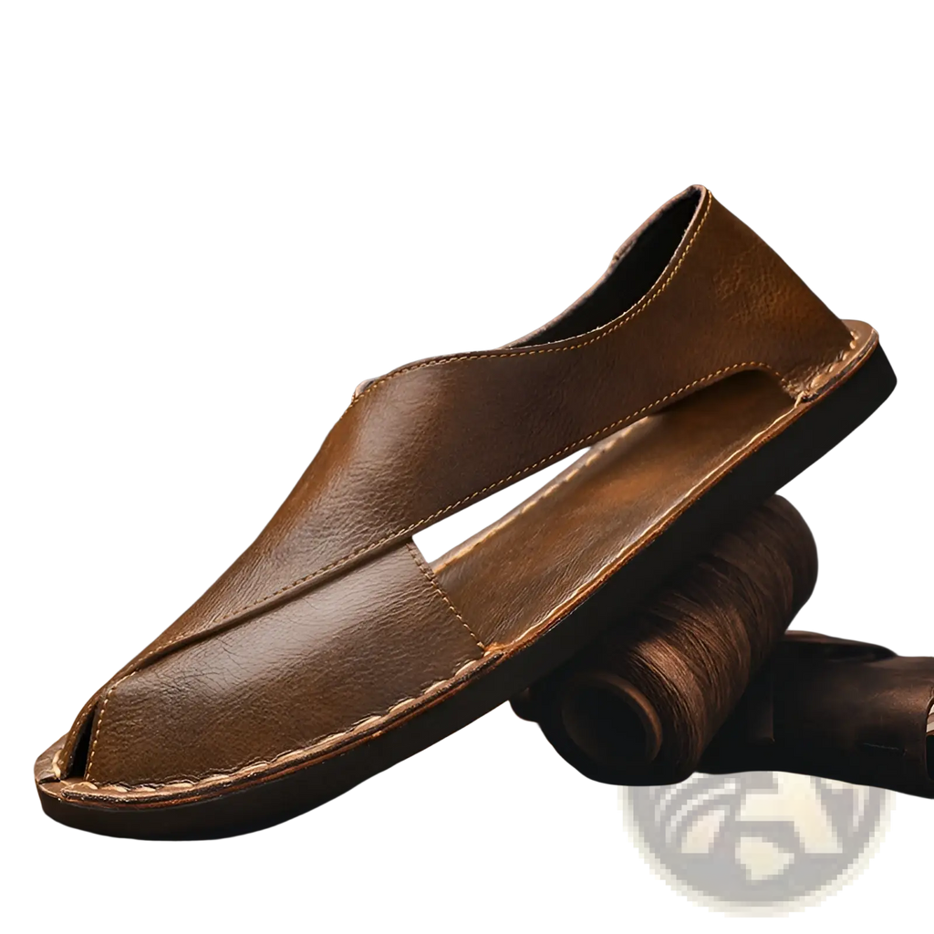 Men’s brown genuine leather slip-on beach sandals with minimalist design and visible stitching along seams