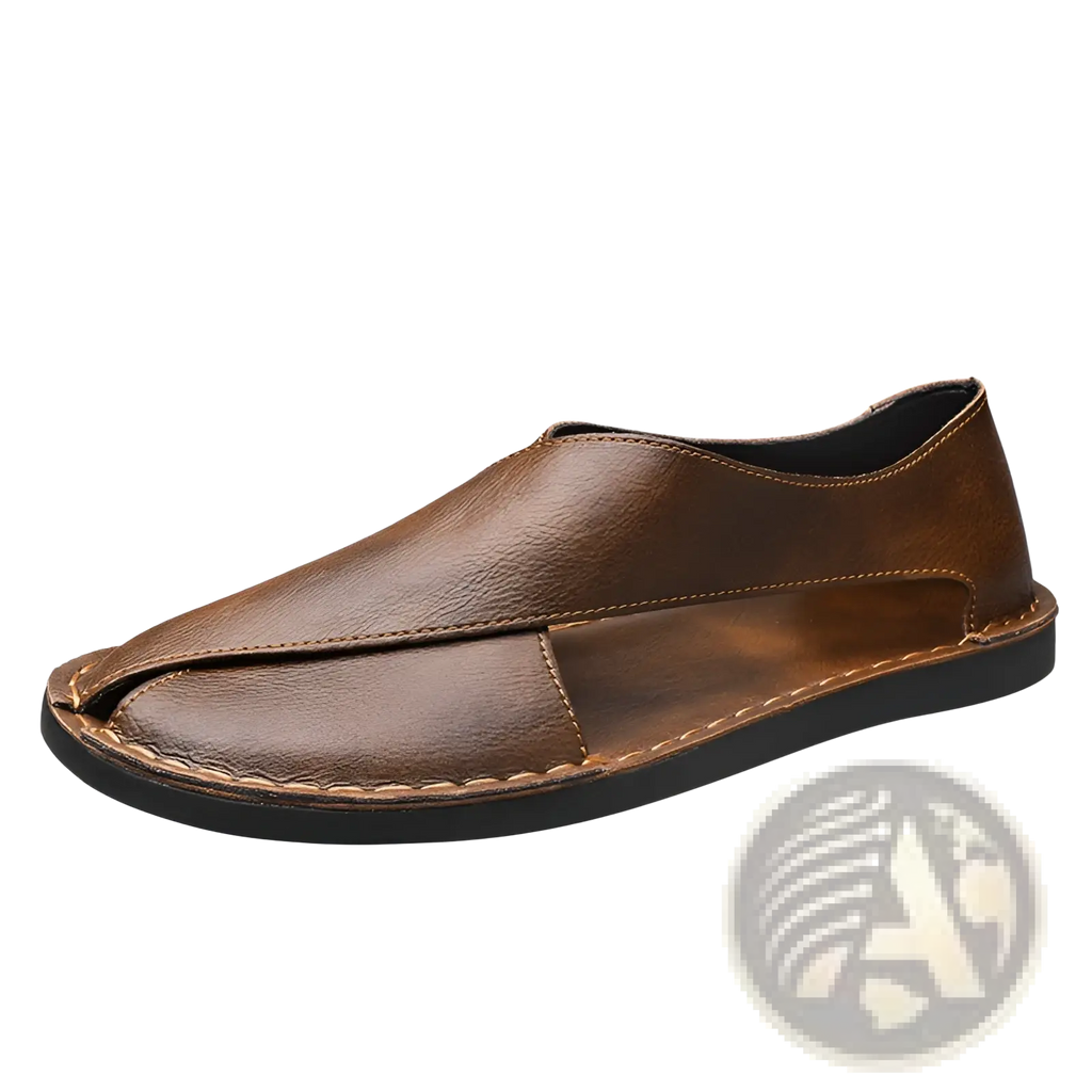 Men’s brown genuine leather slip-on beach sandal with peep-toe design and black rubber sole