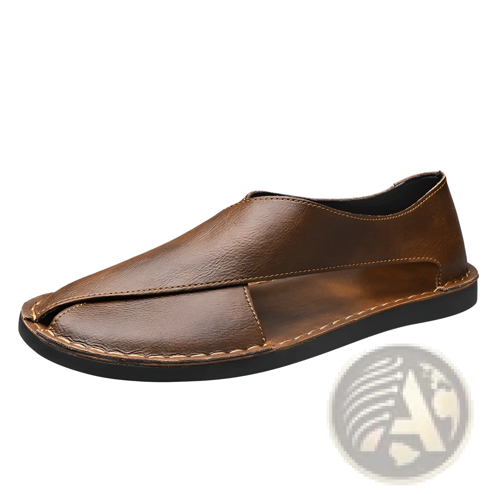 Men’s brown genuine leather slip-on beach sandal with peep-toe design and black rubber sole