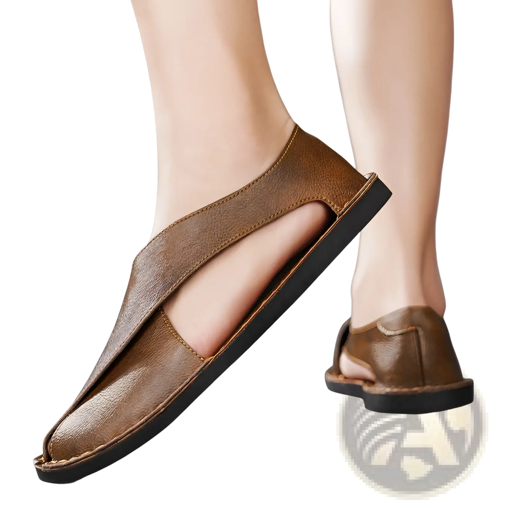 Men’s brown genuine leather slip on beach sandals with sleek minimalist design and black rubber soles