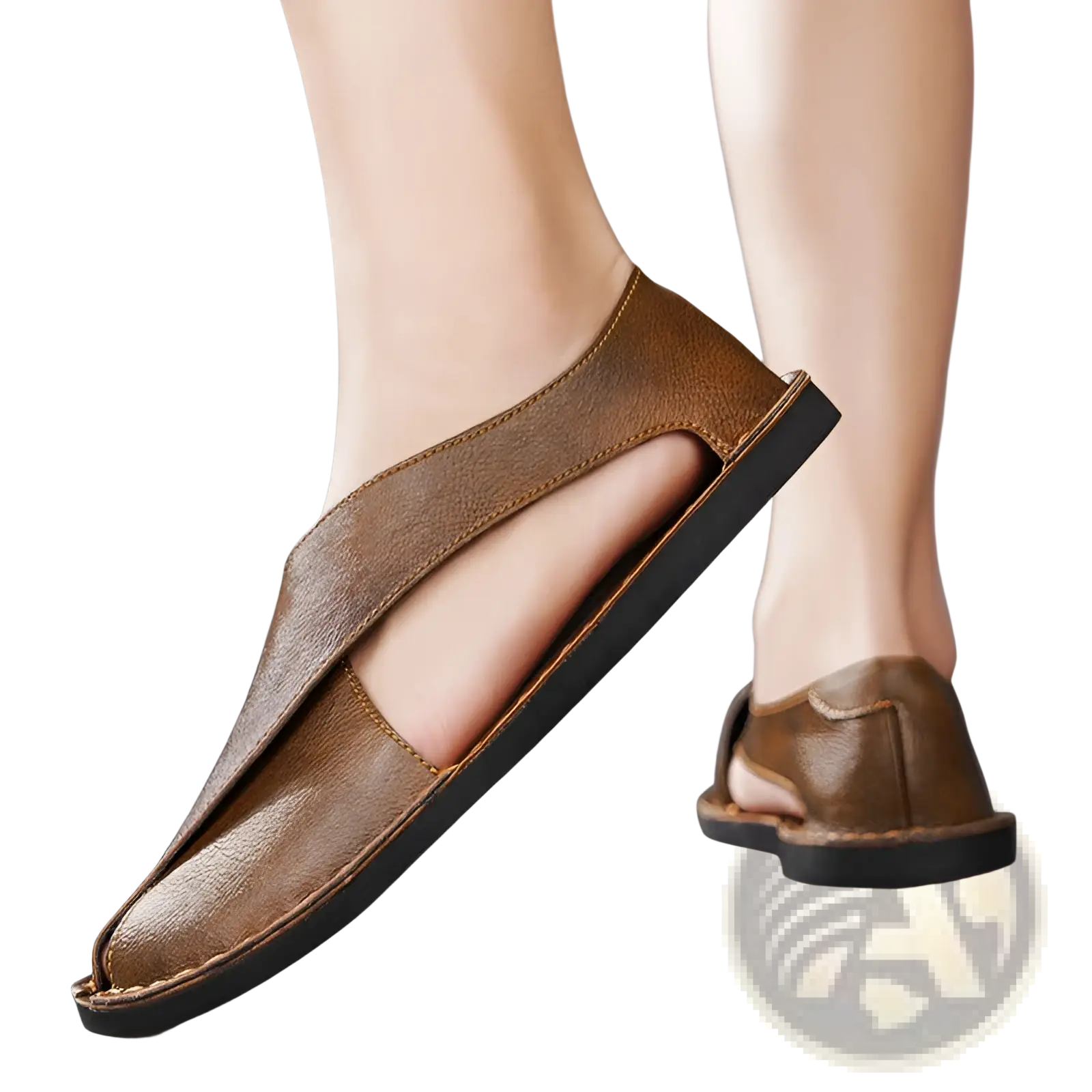 Men’s brown genuine leather slip on beach sandals with sleek minimalist design and black rubber soles