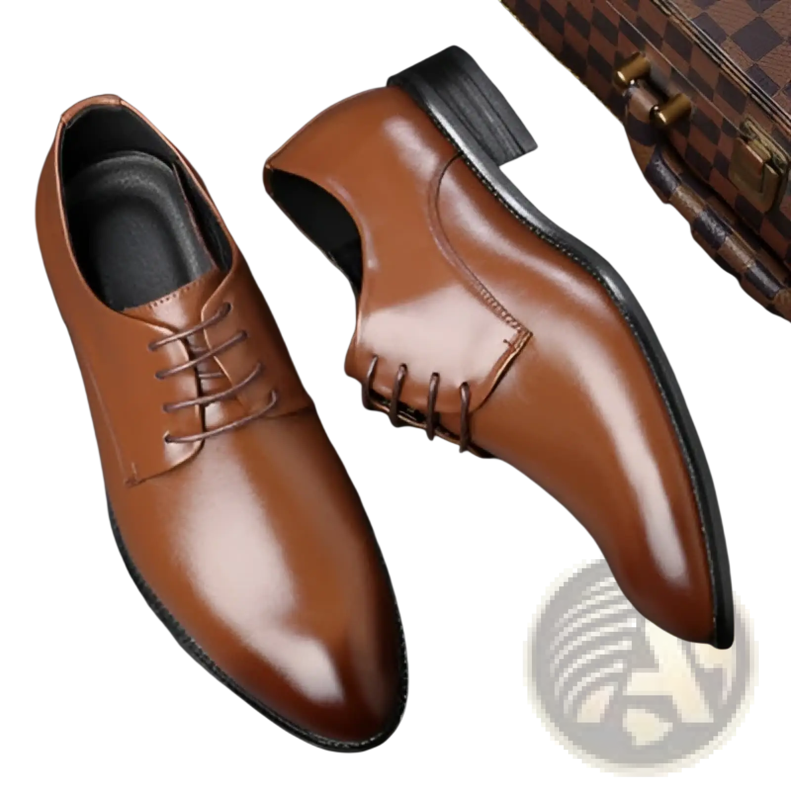 Men’s brown leather formal dress shoes with polished finish black laces and sleek pointed toe design