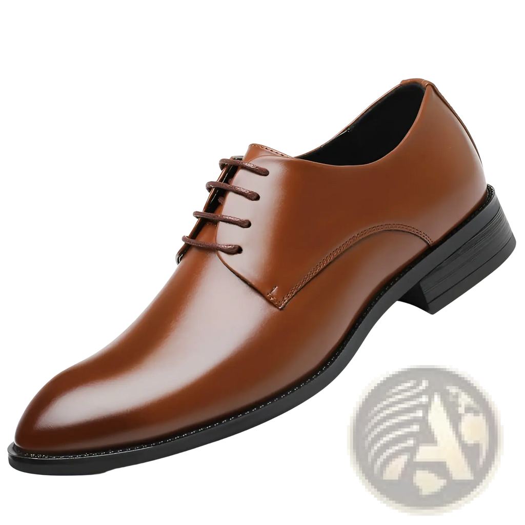 Men’s brown leather formal dress shoes with lace-up design, polished finish, and black rubber sole