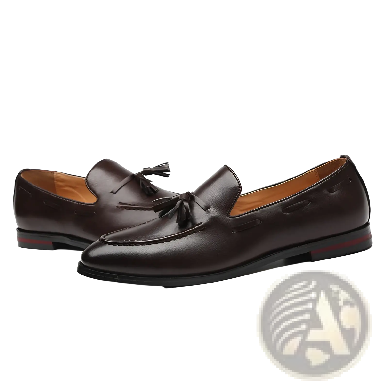 Men’s brown leather tassel loafers with polished finish and black soles for formal and casual wear
