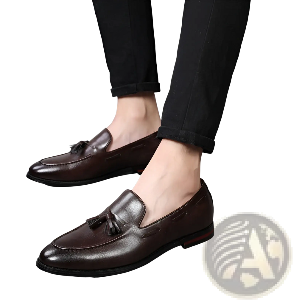 Men’s brown leather tassel loafers with polished finish and black soles for formal and casual wear
