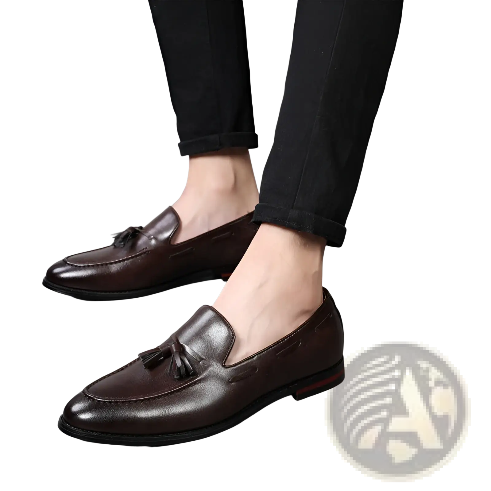 Men’s brown leather tassel loafers with polished finish and black soles for formal and casual wear