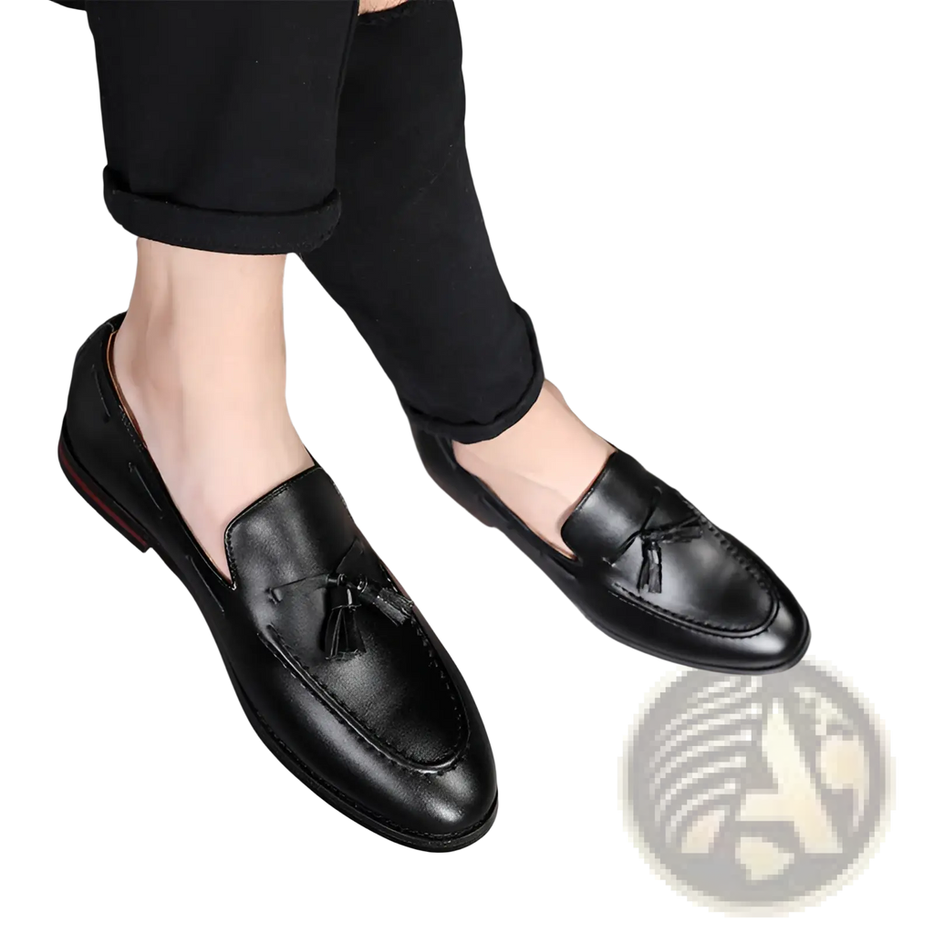Men’s black leather tassel loafers with polished finish and subtle stitching details in formal style