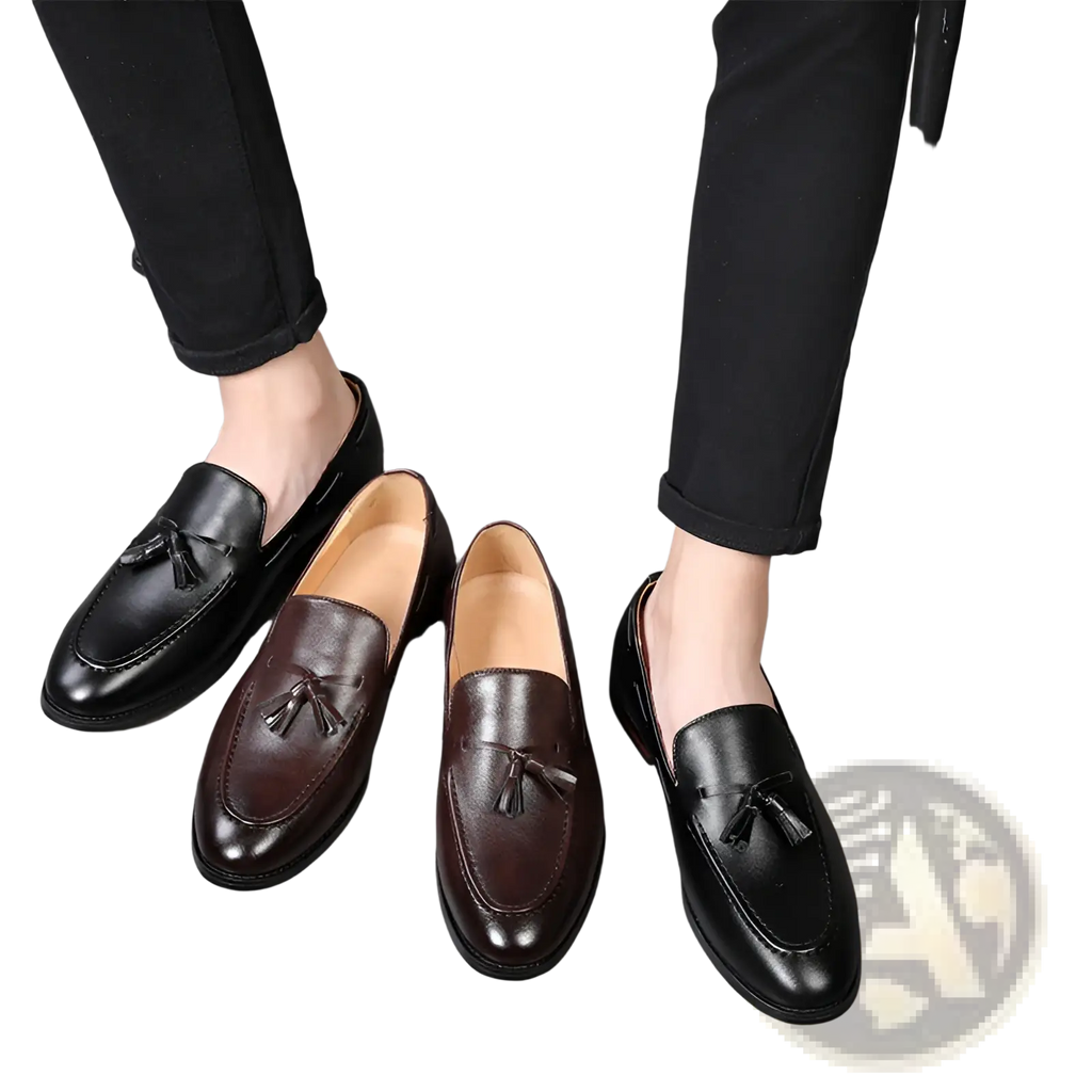 Men’s brown and black leather tassel loafers with a polished finish ideal for formal and casual wear