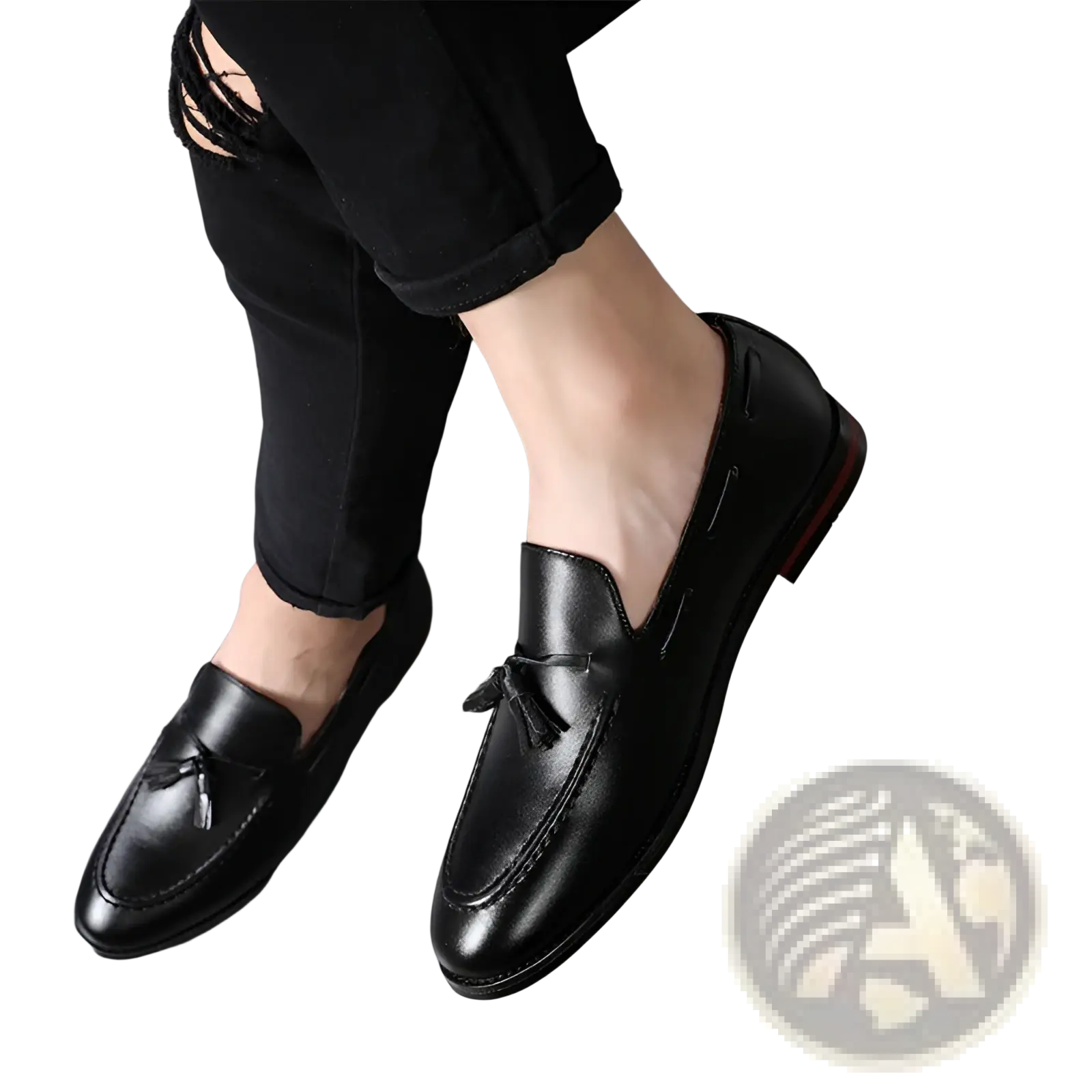 Men’s black leather tassel loafers with polished finish and subtle stitching details for formal wear
