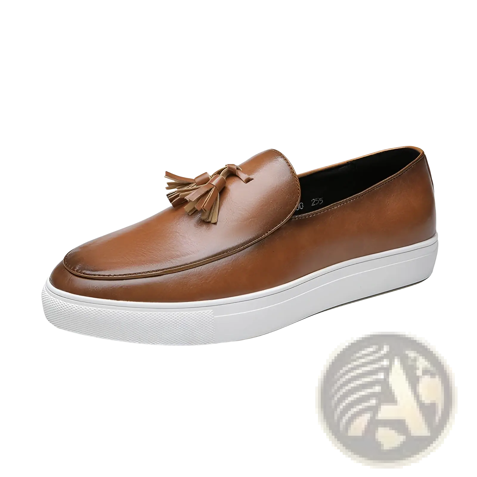 Men’s brown leather tassel loafer with white rubber sole viewed from the front for casual or formal wear