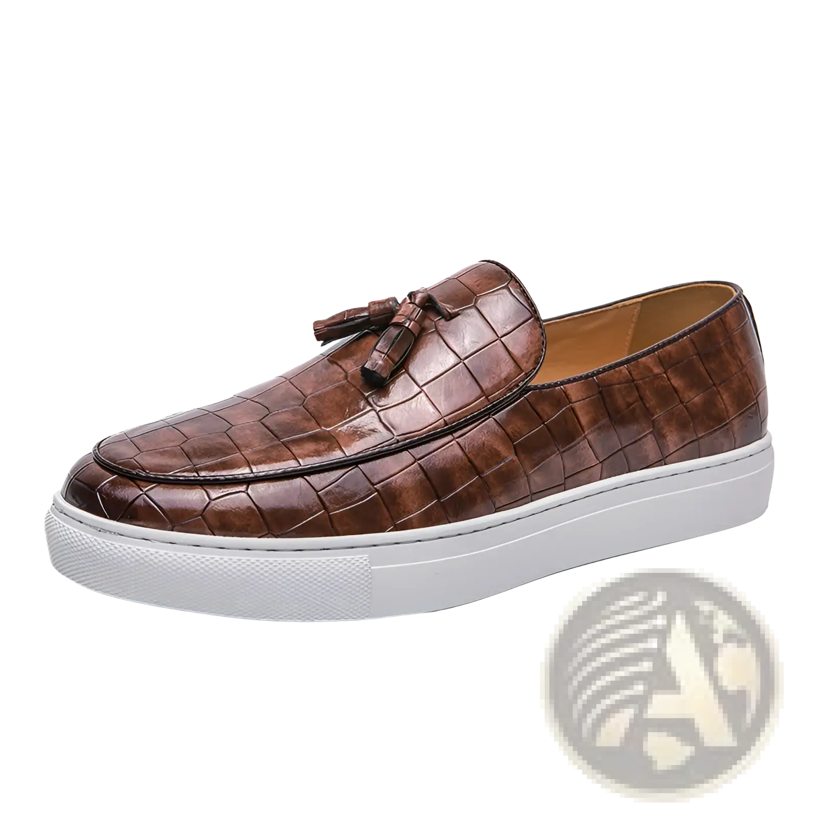 Men’s brown leather tassel loafers in crocodile-embossed slip-on design with white rubber sole