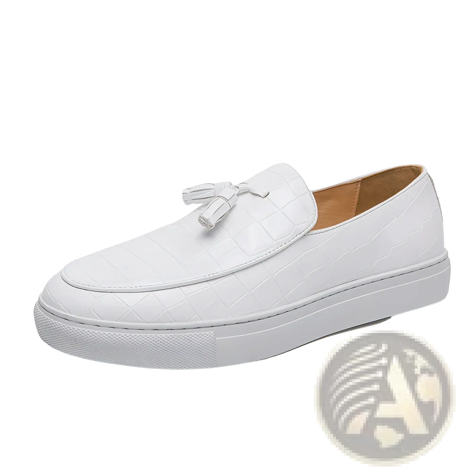 Men’s brown leather tassel loafers with white sole featuring white crocodile-embossed leather slip-on design