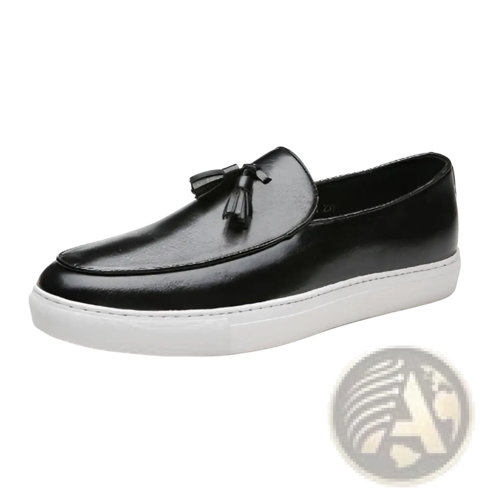 Men’s black leather tassel loafer with white rubber sole combining sleek design and casual comfort