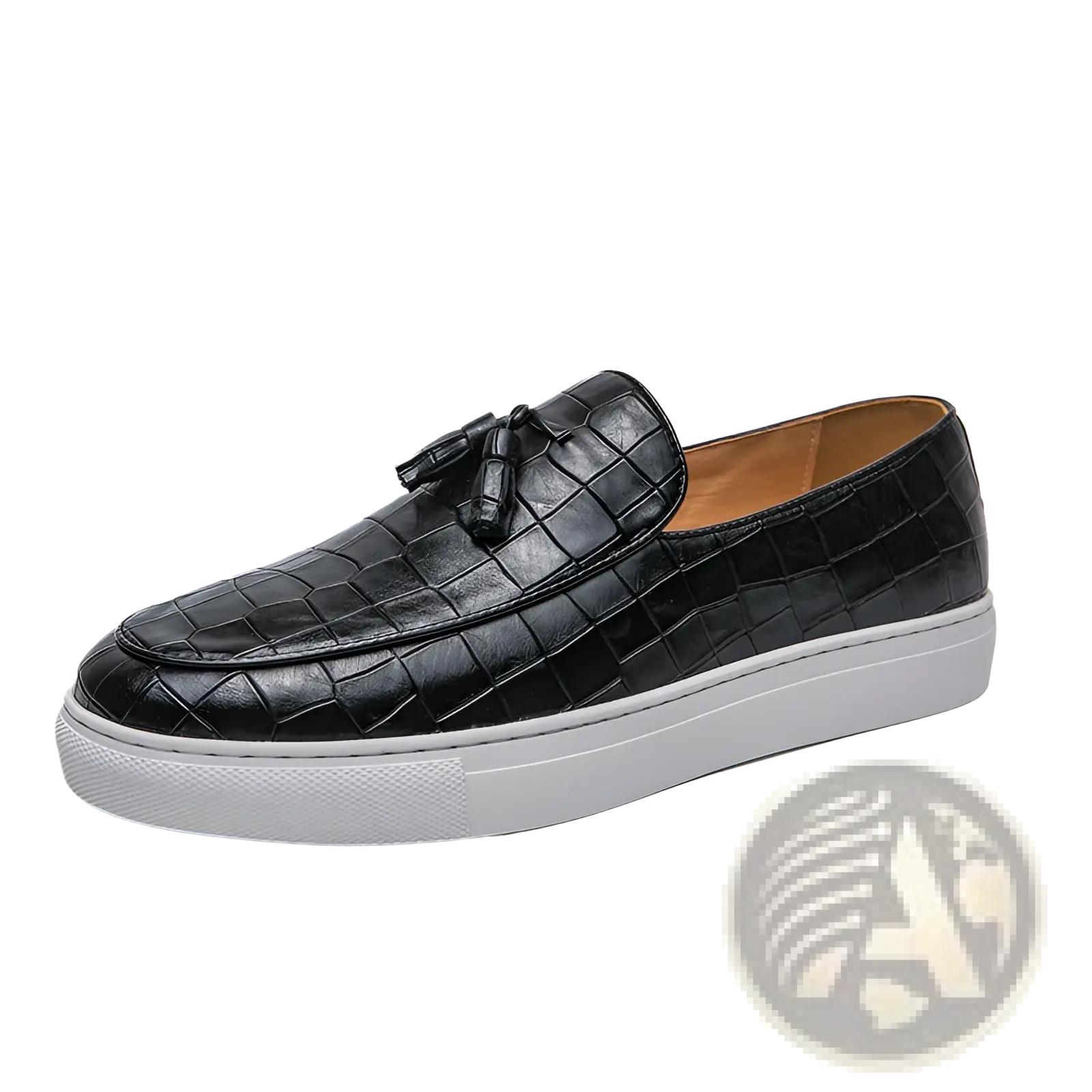 Men’s brown leather tassel loafers with black crocodile embossing and white rubber sole slip-on design