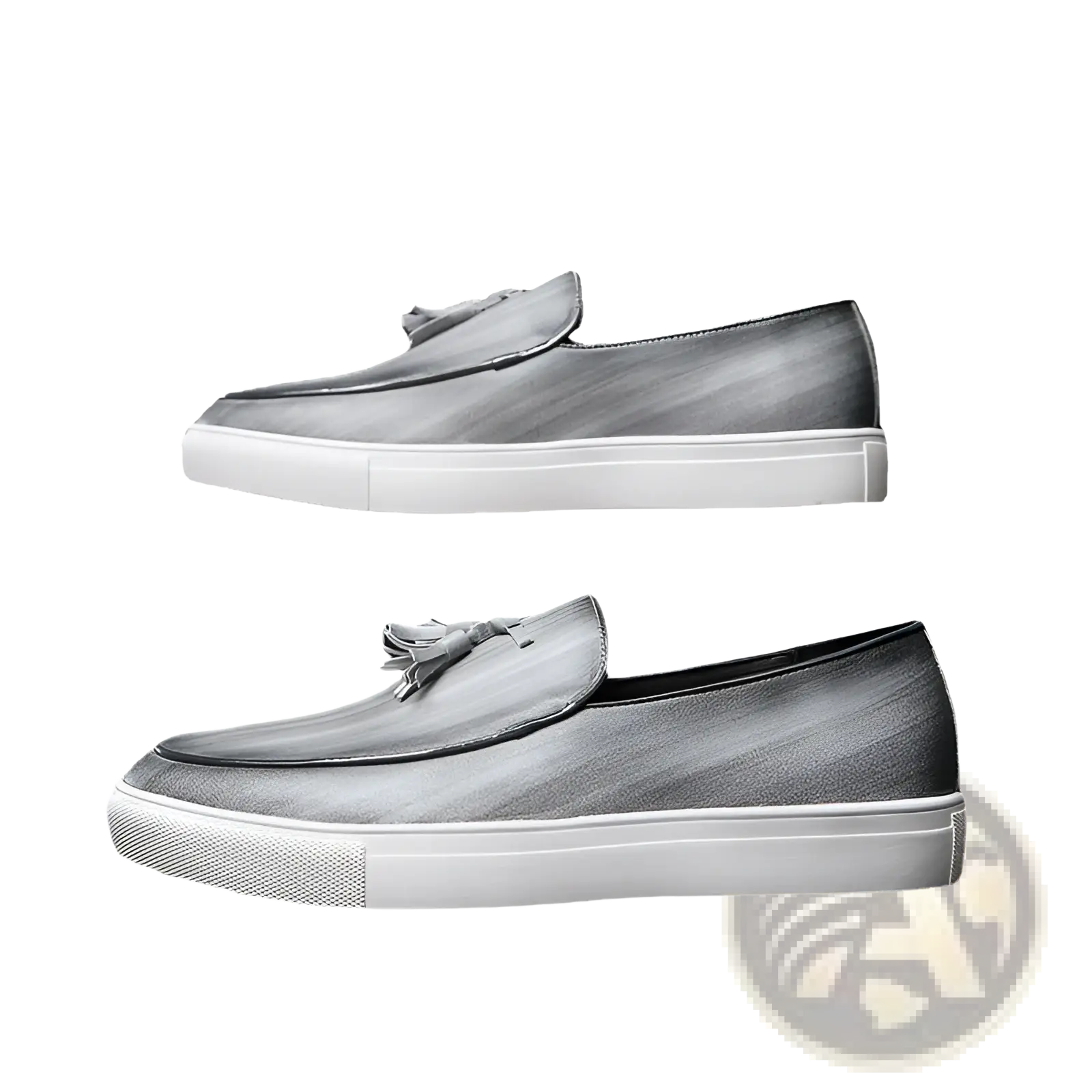 Silver leather tassel loafers with white rubber soles styled similarly to men’s brown leather tassel loafers with white sole