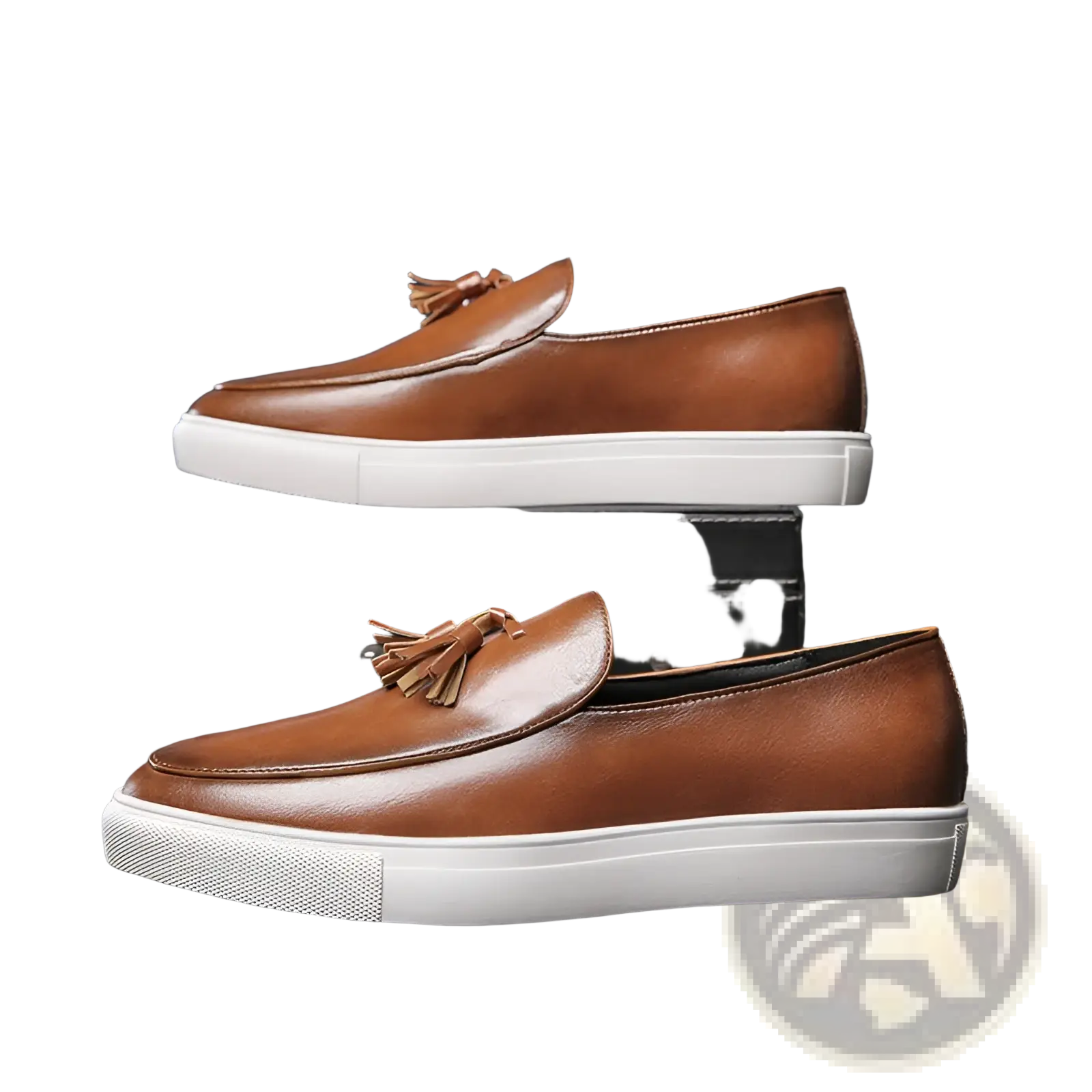 Men’s brown leather tassel loafers with white rubber soles showcasing the front and side details