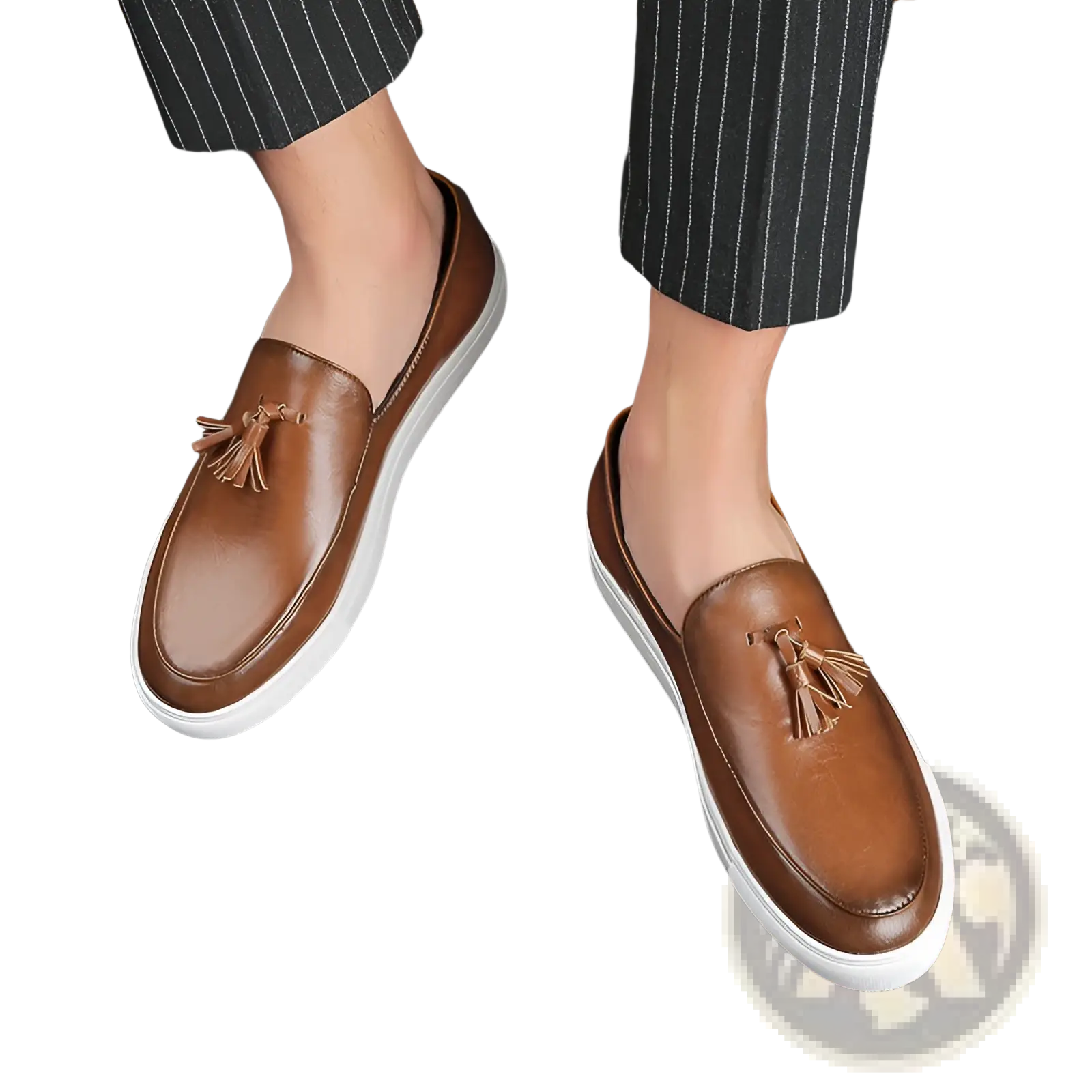 Men’s brown leather tassel loafers with white rubber sole featuring a sleek design and durable materials