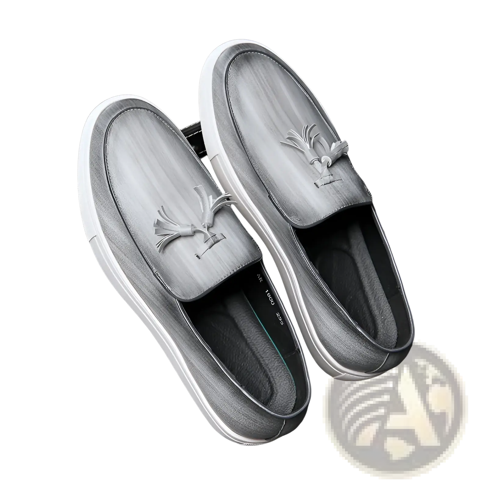 Men’s gray suede loafers with white rubber soles and decorative tassels on the vamp