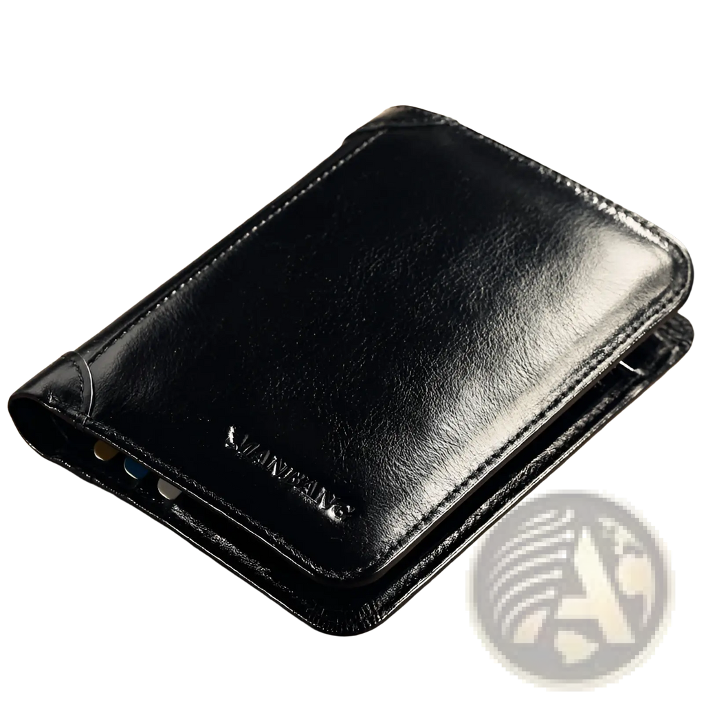 Men’s brown leather wallet with card slots featuring a black leather exterior with a sleek glossy finish and embossed branding