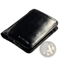 Men’s brown leather wallet with card slots featuring a black leather exterior with a sleek glossy finish and embossed branding