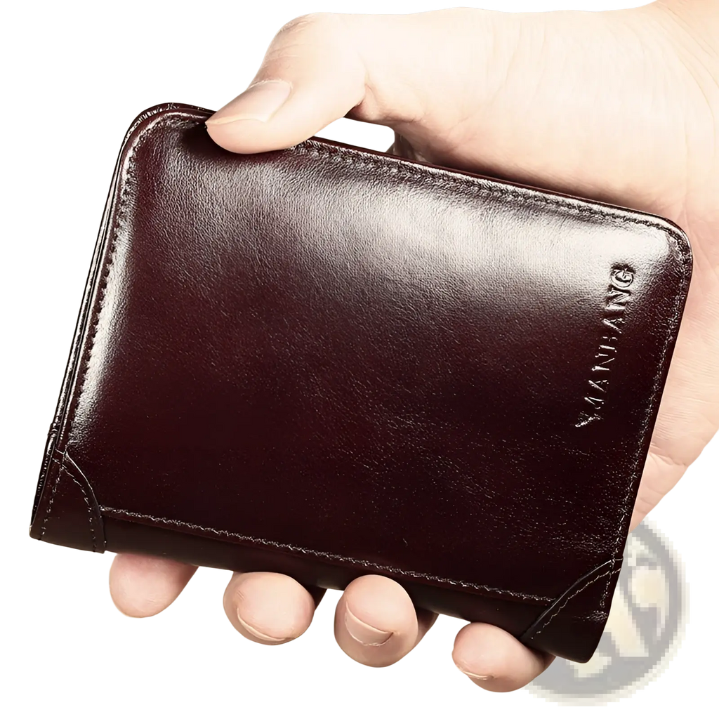 Men’s brown leather wallet with card slots shown from the back with a subtle embossed brand logo on the corner