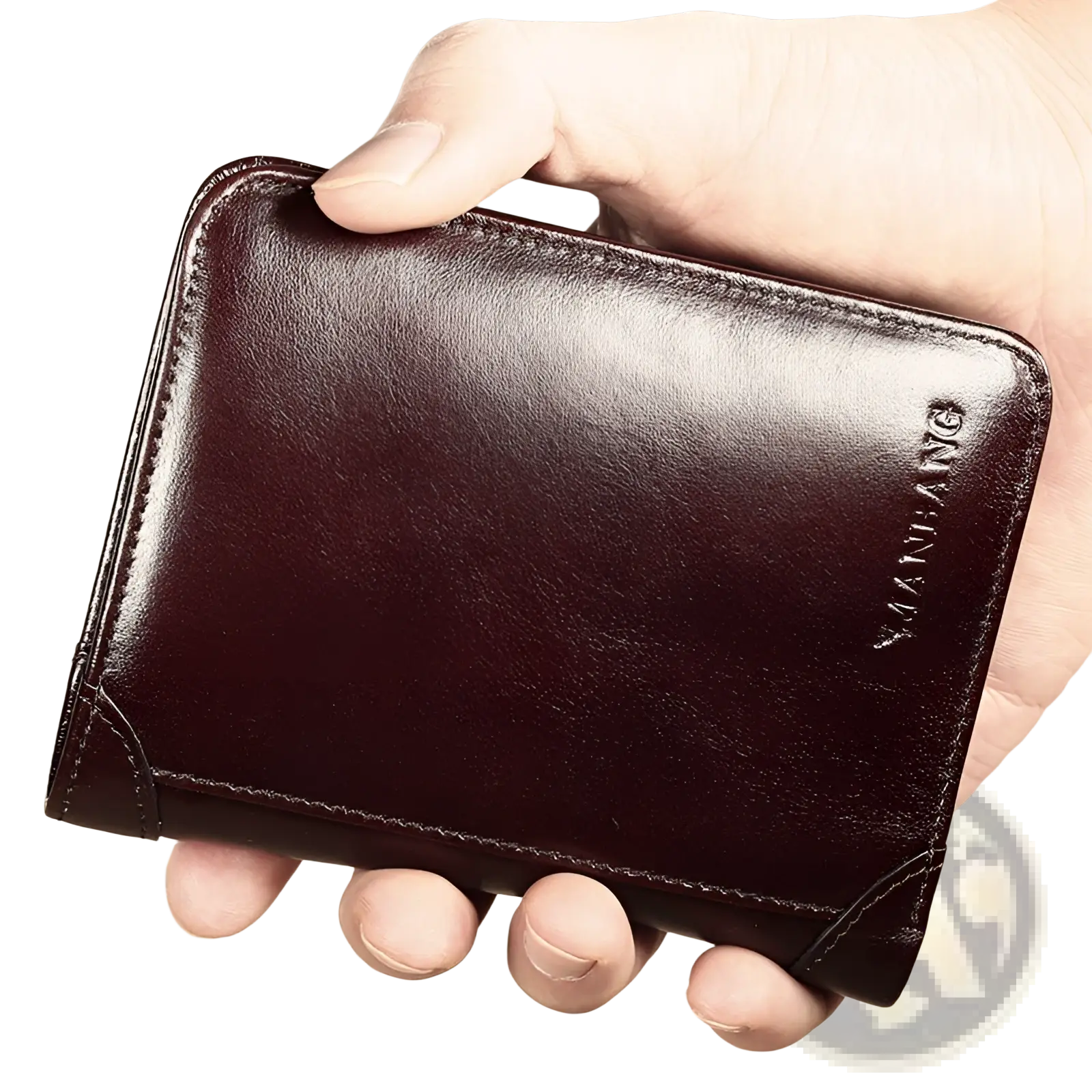Men’s brown leather wallet with card slots shown from the back with a subtle embossed brand logo on the corner