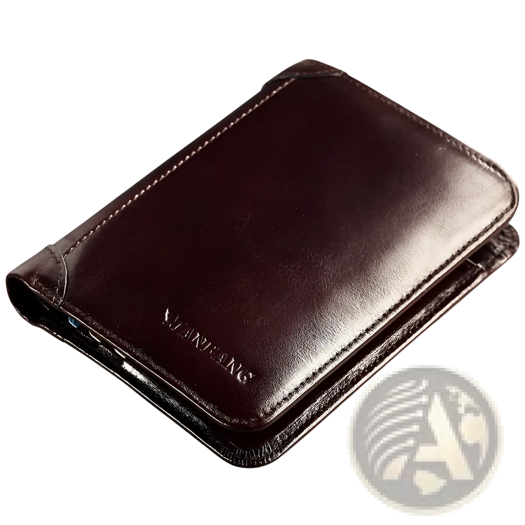 Men’s brown leather wallet with card slots featuring dark brown leather, visible stitching, and embossed branding