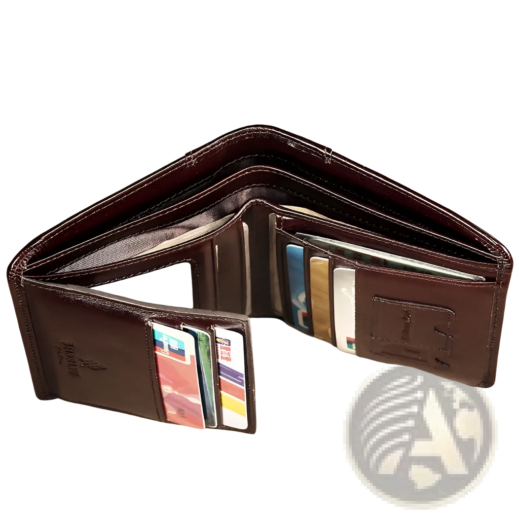 Men’s brown leather wallet with multiple card slots and a small embossed logo on the front